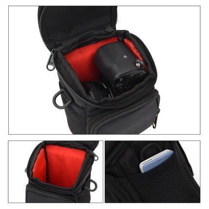 Universal Black Cloth Camera Bag with Strap for Mini Cameras - compact protective pouch with red interior, camera inside and front mesh pocket