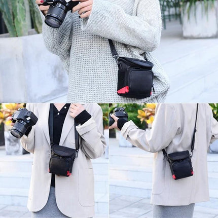 Universal Black Cloth Camera Bag with Strap for Mini Cameras shown worn crossbody protecting a compact camera