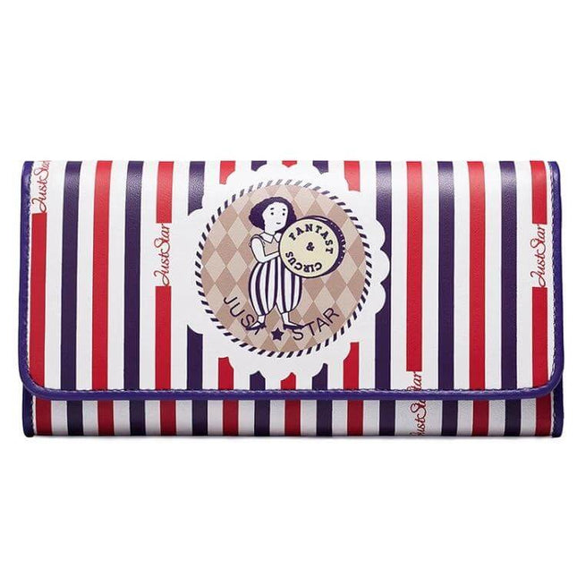 Just Star Long Wallet For Daily Use 3-Fold Soft Split Leather 19x10cm — striped paisley lined women's long wallet with snap and multiple card pockets