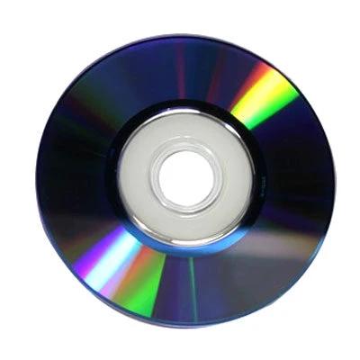Alt Tag: Compact 8cm Blank Mini DVD-R Discs for Short Video Recording, 10-Pack single blank disc reflecting rainbow hues on white background