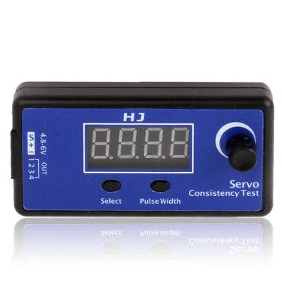 HJ Digital Servo and ESC Consistency Tester for R/C Hobbies front view showing LCD display, knob and buttons for pulse width and select
