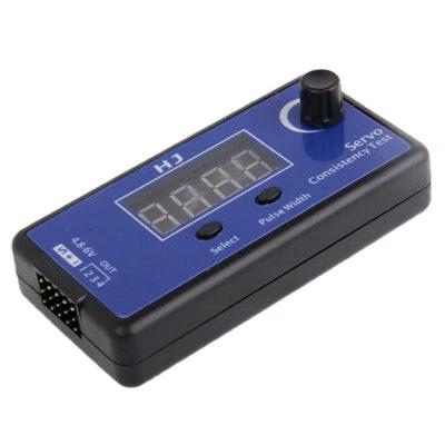 HJ Digital Servo and ESC Consistency Tester for R/C Hobbies handheld blue unit with LCD, knob and servo ports for synchronized testing of up to 4 servos