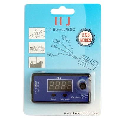 HJ Digital Servo and ESC Consistency Tester for R/C Hobbies compact unit showing digital display and servo leads for testing up to 4 servos
