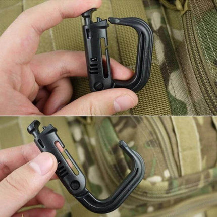 Plastic Portable Carabiner 4 Pack For Camping And Travel Light Grey - lightweight plastic carabiner shown clipped to backpack, close-up of one carabiner