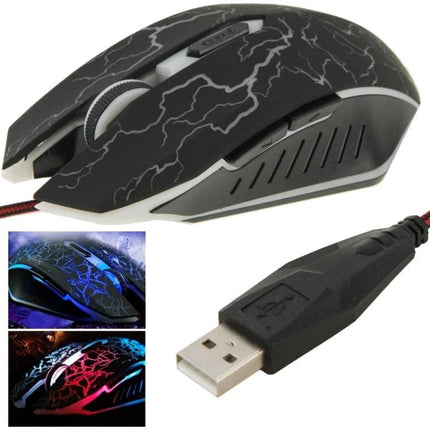 Ergonomic Wired Optical Gaming Mouse for Computers and Laptops - compact black wired mouse with lightning pattern, RGB lighting and USB connector
