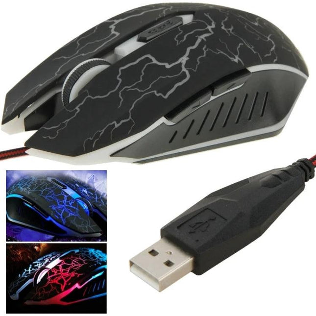 Ergonomic Wired Optical Gaming Mouse for Computers and Laptops - compact black wired mouse with lightning pattern, RGB lighting and USB connector
