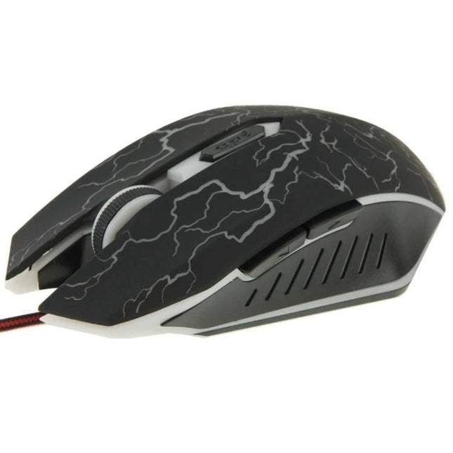 Ergonomic Wired Optical Gaming Mouse for Computers and Laptops in black with lightning pattern, wired compact ergonomic design for long sessions