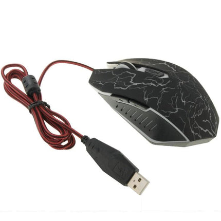 Ergonomic Wired Optical Gaming Mouse for Computers and Laptops – compact black wired gaming mouse with red braided USB cable and lightning pattern