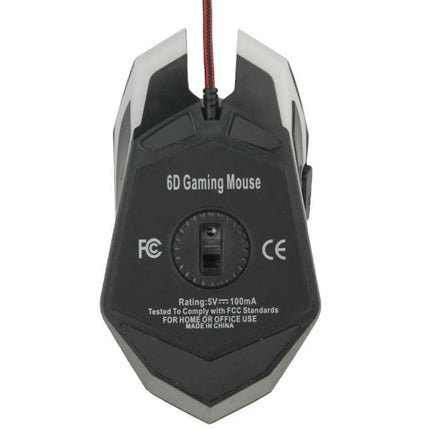 Ergonomic Wired Optical Gaming Mouse for Computers and Laptops - compact black 6D wired gaming mouse viewed from underside showing sensor and certification labels