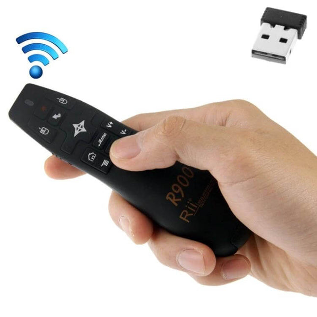 RII Wireless Presenter with Air Mouse and Laser Pointer for Meetings held in hand with USB dongle for wireless slide control