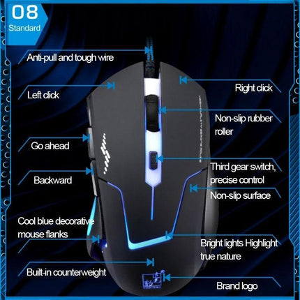 T7 Wired Optical Gaming Mouse with Adjustable Colors showing labeled features: buttons, non-slip roller, RGB accents, braided cable