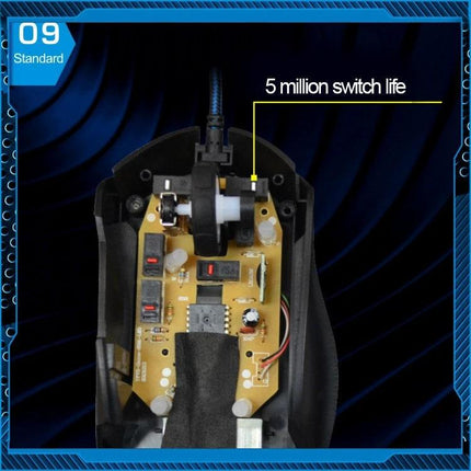 T7 Wired Optical Gaming Mouse with Adjustable Colors internal PCB showing 5 million switch life and braided cable for precise gaming control