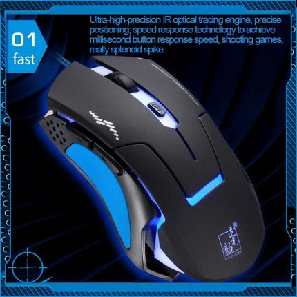T7 Wired Optical Gaming Mouse with Adjustable Colors in black with blue lighting and ergonomic grip