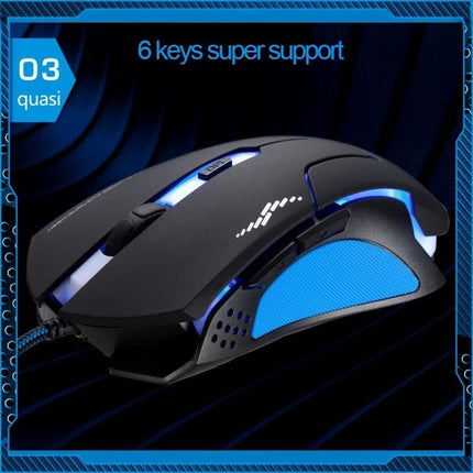 T7 Wired Optical Gaming Mouse with Adjustable Colors black ergonomic design with blue LED lighting and six programmable buttons