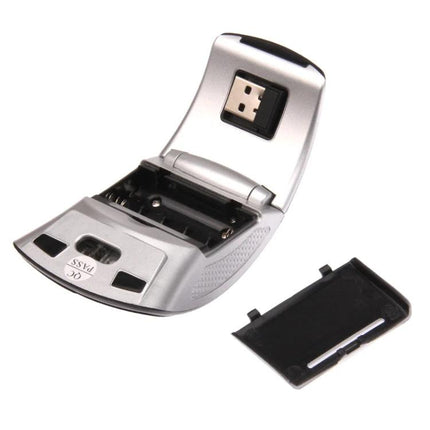 Practical Folding Wireless Optical Mouse for Portable Computing Needs — compact silver foldable wireless mouse with USB receiver and battery compartment