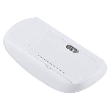 Wireless Optical Mouse for Everyday Computing Use white underside view showing battery compartment and optical sensor