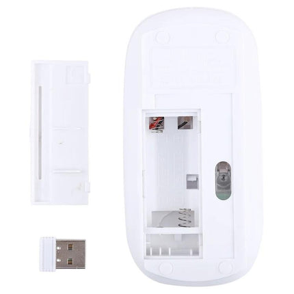 Wireless Optical Mouse for Everyday Computing Use showing open battery compartment, USB 2.4GHz receiver and underside optical sensor