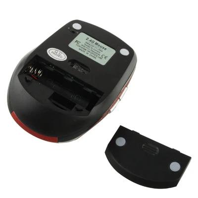 Wireless Optical Mouse with USB Receiver for Computer Use showing battery compartment and detached cover, black wireless mouse on white background