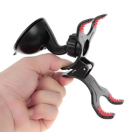 Universal 360 Degree Car Phone Holder For Smartphones And GPS Devices shown in hand with suction mount and adjustable 360° rotating clamp for navigation