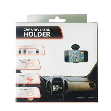 Universal 360 Degree Car Phone Holder For Smartphones And GPS Devices packaged box showing holder on car dashboard, 360-degree rotation, hands-free navigation