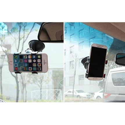 Universal 360 Degree Car Phone Holder For Smartphones And GPS Devices mounted on windshield holding phones in portrait and landscape views