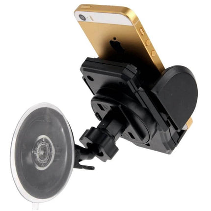 Desktop Smartphone Stand With Adjustable Clamp Arms For Various Phones holding gold phone on desk with suction base, adjustable clamp for video calls and hands-free use