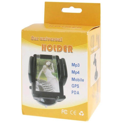Desktop Smartphone Stand With Adjustable Clamp Arms For Various Phones - boxed universal car/desk holder packaging showing clamp arms