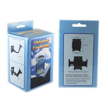 Universal Car Phone Holder Windshield Mount for Smartphones - boxed retail packaging showing mount illustrations and dimensions