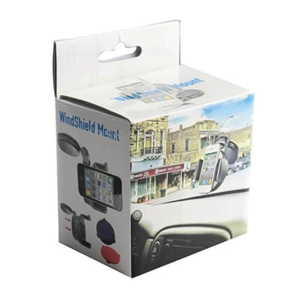 Windshield Mount Holder for Smartphones Up to 75mm Wide in retail box showing suction-cup car windshield mount and phone display