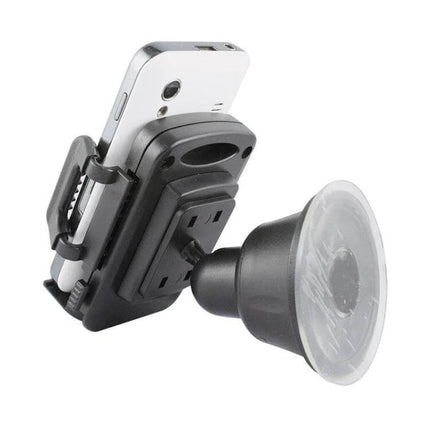 Universal Car Phone Holder With Rotating Head For Windshield - black suction mount holding smartphone in portrait and landscape positions