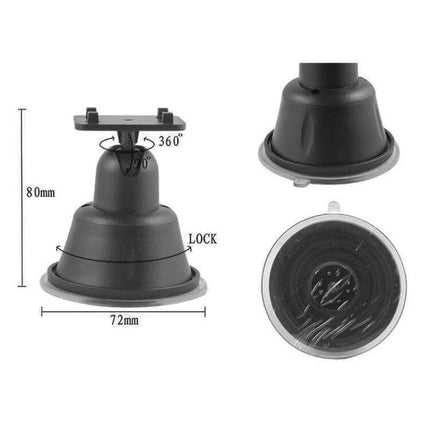 Universal Car Phone Holder With Rotating Head For Windshield showing 360° rotating suction mount, 80mm height and 72mm base dimensions