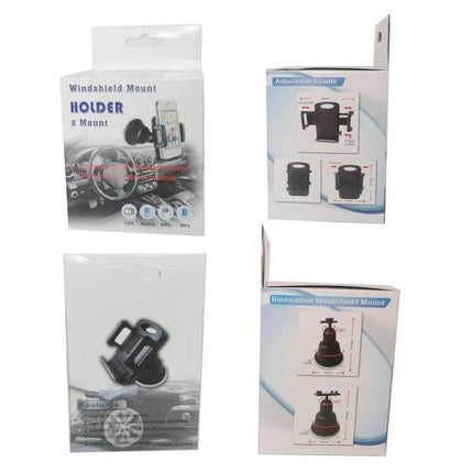 Universal Car Phone Holder With Rotating Head For Windshield shown in packaging with adjustable cradle and suction mount for portrait or landscape viewing