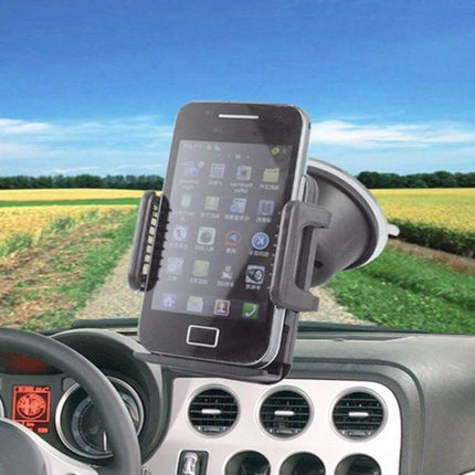 Universal Car Phone Holder With Rotating Head For Windshield mounted on dashboard showing phone in portrait view for navigation and hands-free use