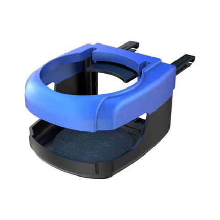 Outlet Car Drink Holder Red For Easy In Dash Cup Access — blue model shown attached to outlet with two-prong mount holding cans and cups