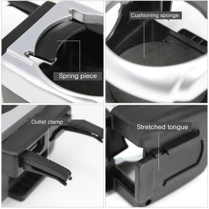 Outlet Car Drink Holder Red For Easy In Dash Cup Access showing spring piece, cushioning sponge, outlet clamp and stretched tongue close-ups