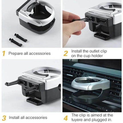 Outlet Car Drink Holder Red For Easy In Dash Cup Access - red in-dash cup holder with two-prong outlet clip and installation steps shown