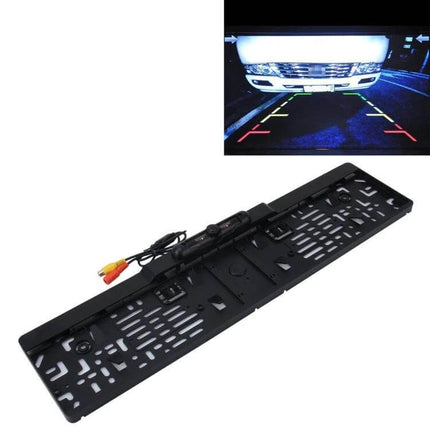 Rear View Camera License Plate Frame for European Cars – black license-plate-frame with integrated backup camera and parking guide lines