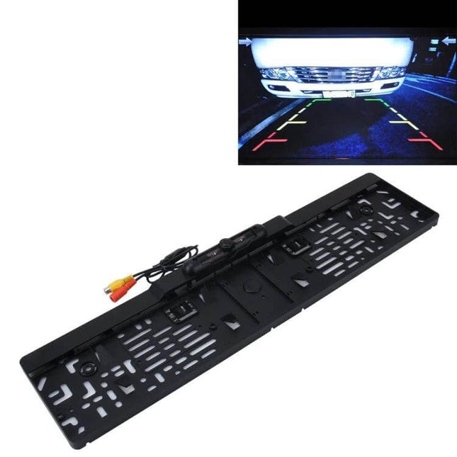 Rear View Camera License Plate Frame for European Cars – black license-plate-frame with integrated backup camera and parking guide lines