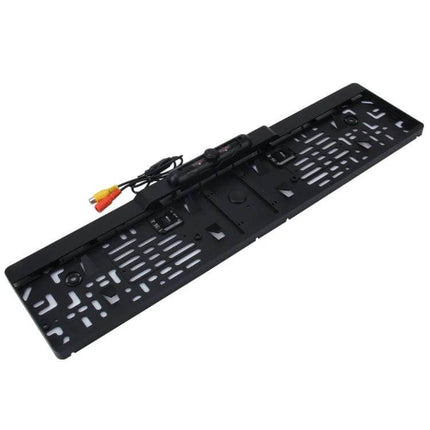 Rear View Camera License Plate Frame for European Cars mounted black frame with integrated camera and video cables