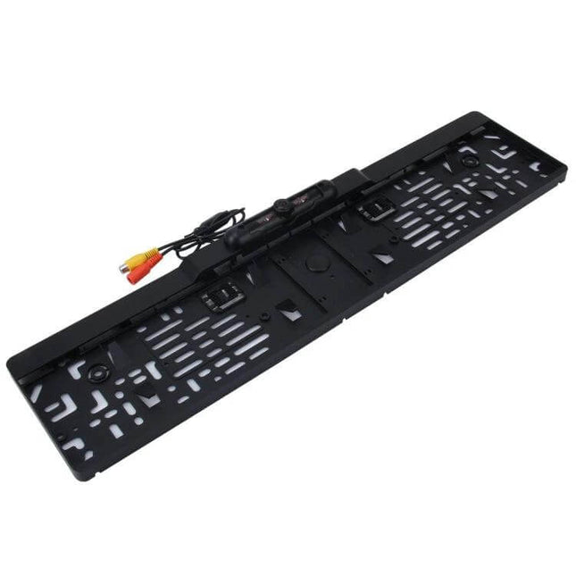 Rear View Camera License Plate Frame for European Cars mounted black frame with integrated camera and video cables