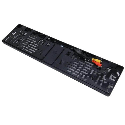 Rear View Camera License Plate Frame for European Cars — black replacement plate frame with integrated camera wiring and RCA connectors