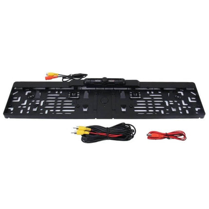 Rear View Camera License Plate Frame for European Cars showing black mounting frame with integrated camera and connection cables