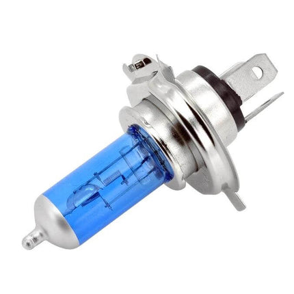 Alt Tag: H4 Halogen Car Headlight 2-Pack for Everyday Driving - blue-tinted H4 bulb close-up showing metal base and glass capsule
