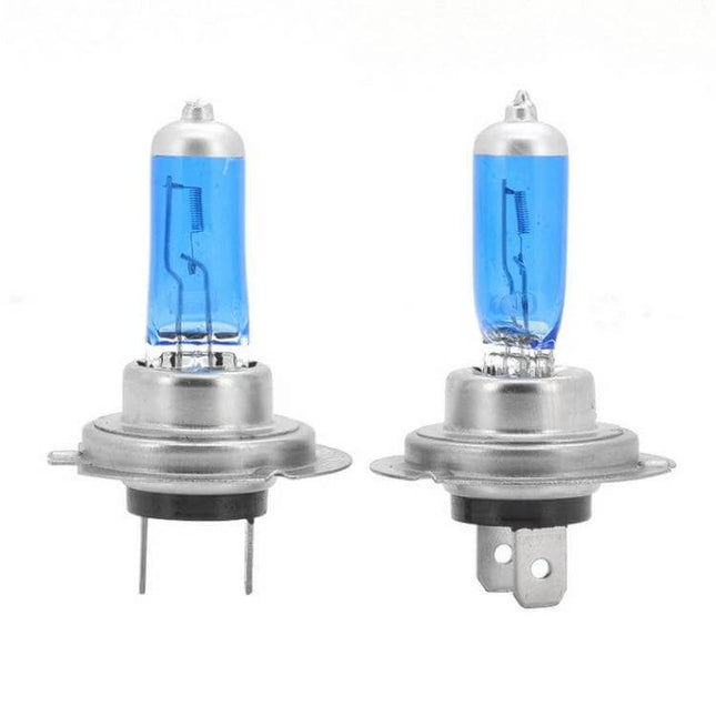 H7 Halogen Car Headlight Twin Pack For Night Driving - closeup of two blue-tinted H7 halogen bulbs with silver and black casings