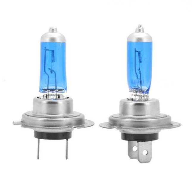 H7 Halogen Car Headlight Twin Pack For Night Driving - twin blue-tinted H7 bulbs with silver and black casings for easy replacement