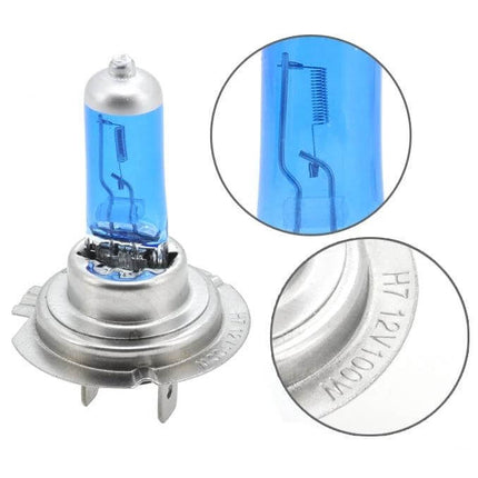 H7 Halogen Car Headlight Twin Pack For Night Driving - blue-tinted H7 bulb close-up with silver/black base, twin-pack replacement for improved nighttime visibility