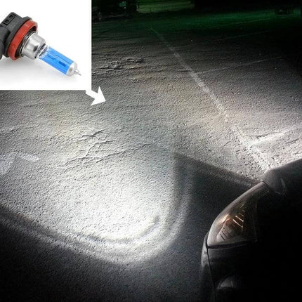 H11 Halogen Car Headlight Bulbs 2 Pack White Light - 12V 100W H11 replacement showing bright white beam on road at night