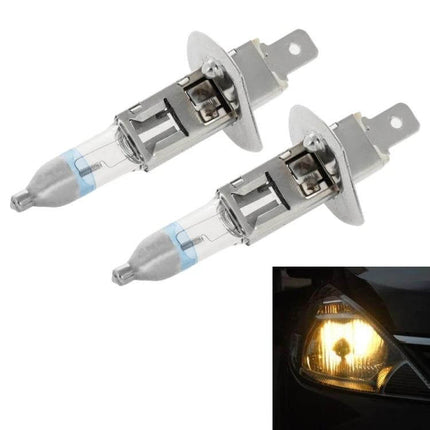 Two Pack Warm White H1 Car Headlight Bulbs for Easy Replacement - xenon-style 4300K H1 bulbs shown with warm beam in headlight