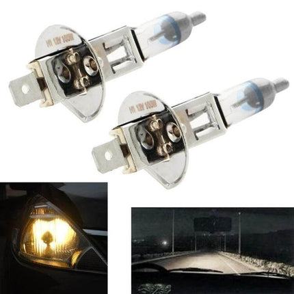Two Pack Warm White H1 Car Headlight Bulbs for Easy Replacement - warm 4300K Xenon-style H1 bulbs shown with nighttime beam