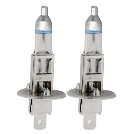 Two Pack Warm White H1 Car Headlight Bulbs for Easy Replacement - close-up of two Xenon-style 4300K H1 replacement bulbs